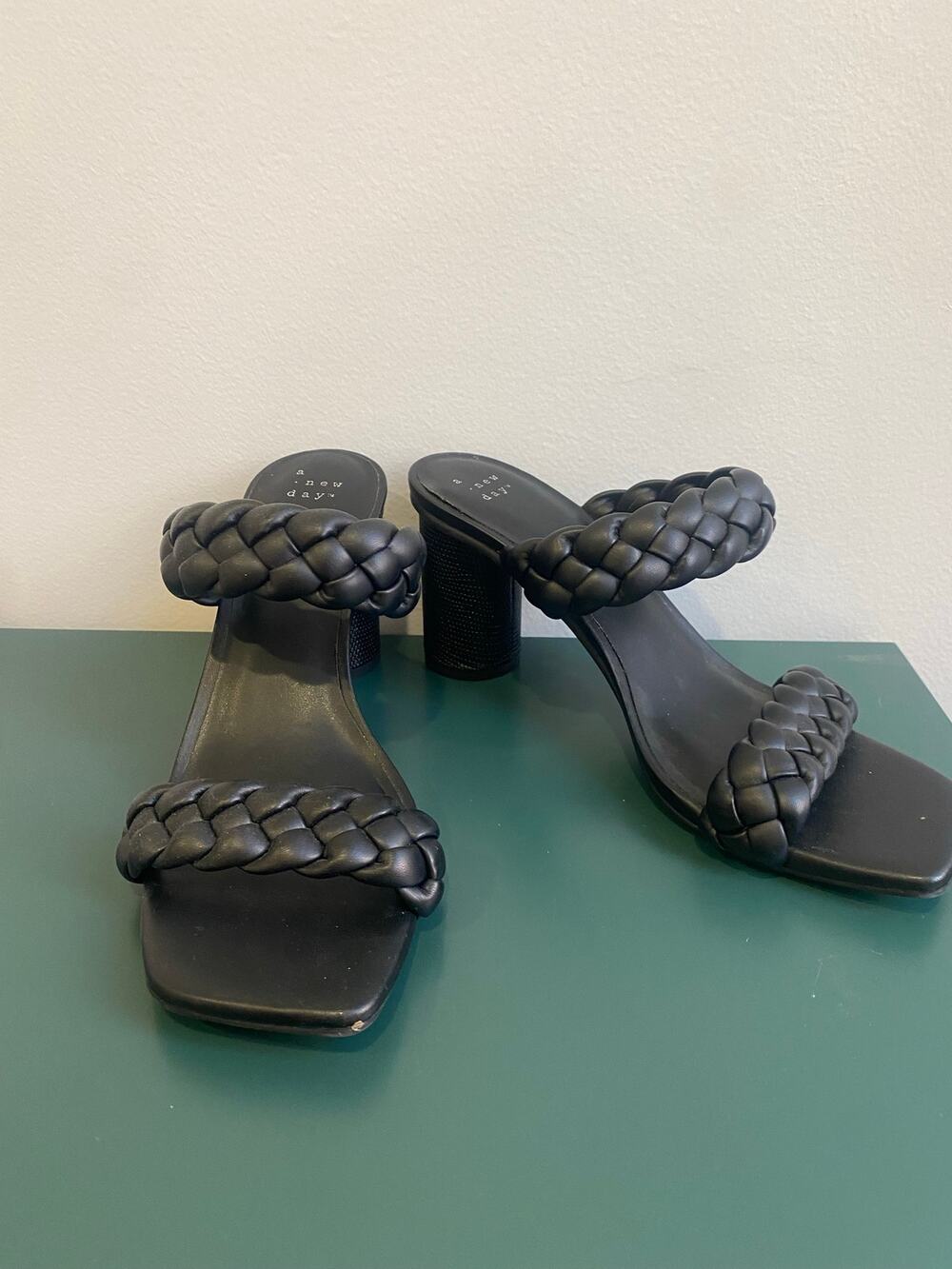 A New Day Black Braided Two-Strap Block Heel Slide Sandals Square Toe Size 9